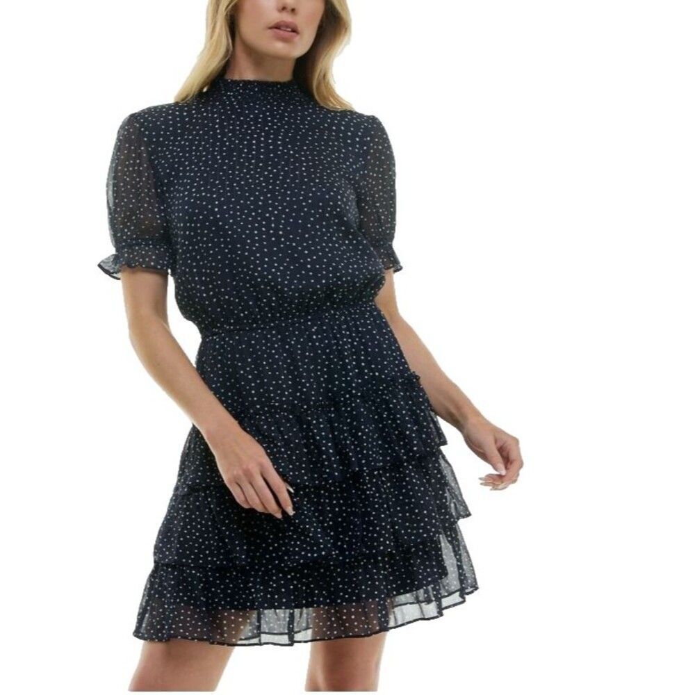 Crystal Doll Polka Dot Chiffon Short‑Sleeve Fit & Flare Dress Blue XS